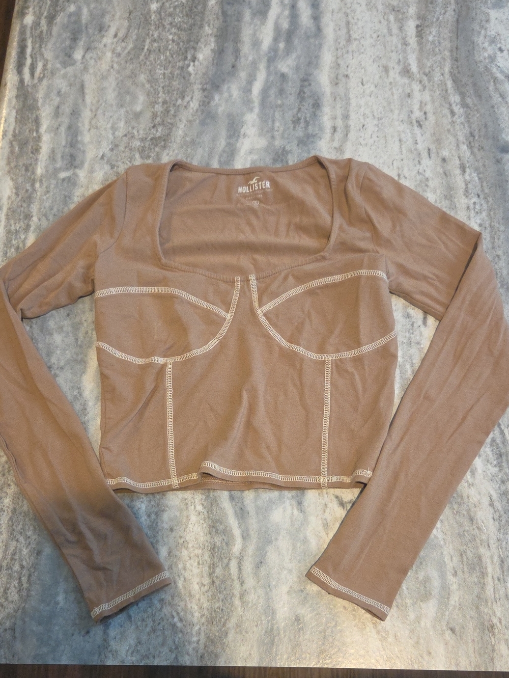 Hollister Taupe Long Sleeve Scoop-Neck Cropped Top